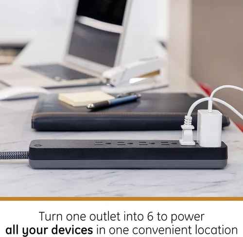 Vista 7 de GE UltraPro - Protector SurGE de 6 tomas, cable de extensión trenzado de diseño de 2 pies, enchufe plano, cable de alimentación largo, montaje