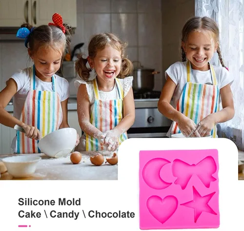 Vista 4 de Molde de silicona para chocolate, dulces y pasteles, forma de corazón, luna, estrella, lazo, grado alimenticio, reutilizable, resistente a altas