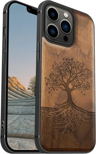 Vista 17 de Carveit Funda magnética de madera para iPhone 13 [madera real dura y TPU suave negro] funda protectora de madera única y elegante a prueba de golpes