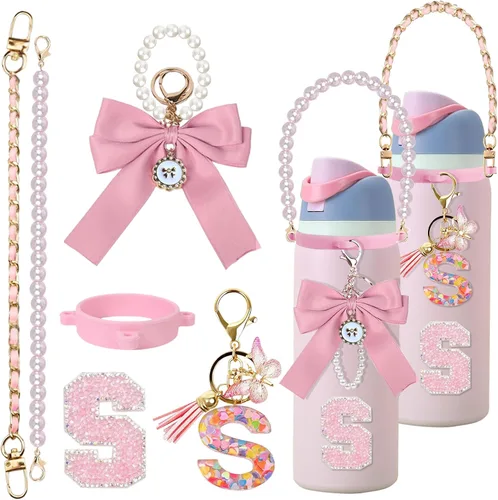 Vista 74 de 6 piezas de accesorios con letras para botella de agua Owala 24 oz 32 oz 40 oz, con lindos dijes iniciales y correa para el asa, compatible