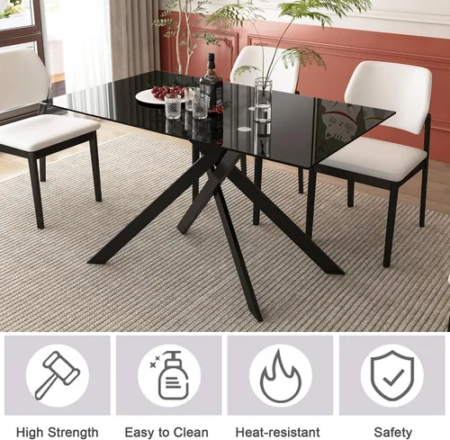 Vista 8 de Mesa de comedor de vidrio negro de 51.2 pulgadas para 4, mesa rectangular de comedor de cocina para 4, mesa rectangular de vidrio templado de 0.32