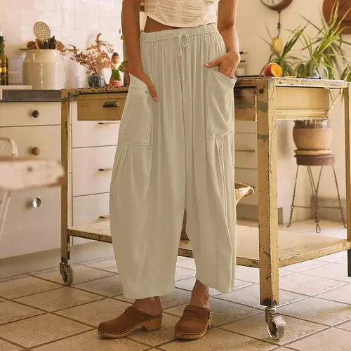 Vista 6 de Quinn - Pantalones de lino para mujer, talla grande, de pierna ancha, con bolsillos, holgados, hippie, harén, bohemios, para playa