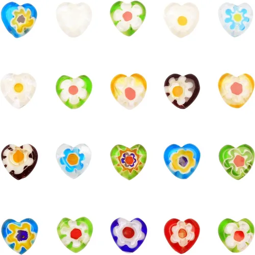 Vista 5 de YouLuo Millefiori Lampwork - 100 cuentas sueltas de cristal con forma de corazón, cuentas espaciadoras redondas para hacer joyas