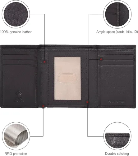 Vista 3 de ESTALON Billeteras delgadas RFID para hombre - Cartera de cuero genuino con bolsillo frontal triple, Marrón medio , Billetera triple