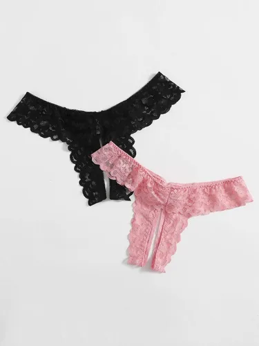 Vista 2 de Floerns Conjunto de 2 calzones de tanga de encaje sin costuras con cordones en V para mujer