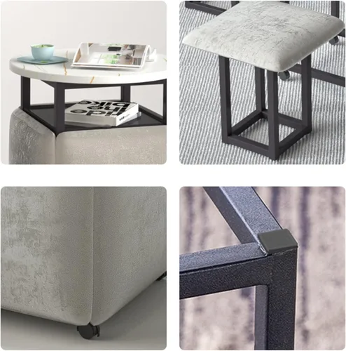 Vista 7 de Mesa de comedor combinada 5 en 1 con 4 taburetes, mesa auxiliar anidable que ahorra espacio, taburete otomano apilable, reposapiés, sofá y mesa