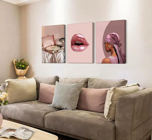 Vista 3 de 3 piezas de arte de pared en lienzo de mujer negra de moda afroamericana, pintura afroamericana, decoración de pared, diseño de niña negra, póster