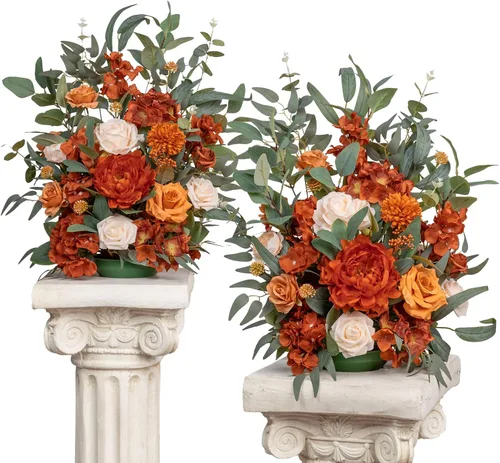 Vista 13 de TINGE TIME Juego de 2 flores artificiales de pie, centro de mesa con almohadilla de goma, flor falsa de seda para centro de mesa de boda, arco