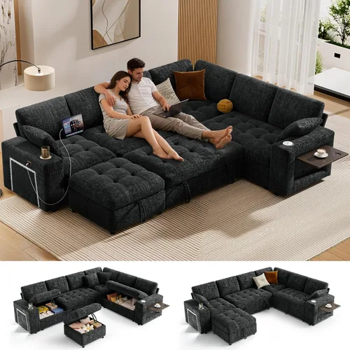 Vista 15 de Vipbear Sofá cama modular de 111 pulgadas con cama extraíble, sofá en forma de L de felpilla de 7 asientos con diván de almacenamiento, puertos USB