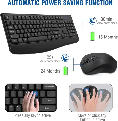 Vista 2 de Combo de teclado y mouse inalámbricos, EDJO, teclado ergonómico de tamaño completo de 2.4G para computadora con reposa muñecas y mouse inalámbrico