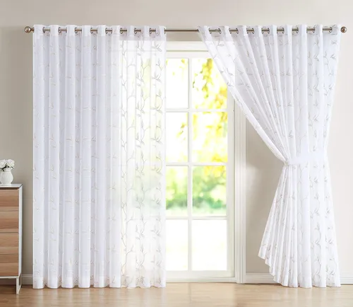 Vista 10 de Cortinas LinenZone de piso a techo para ventanas extra anchas. Cortinas transparentes blancas para divisores de habitación con bordado de hojas rosa