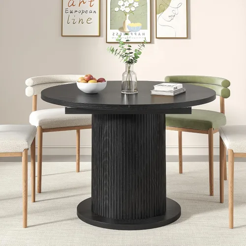 Vista 3 de Mesa de comedor redonda de 59 pulgadas para 6, moderna mesa de cocina de granja, mesas de comedor circulares con base de tira de madera para cocina