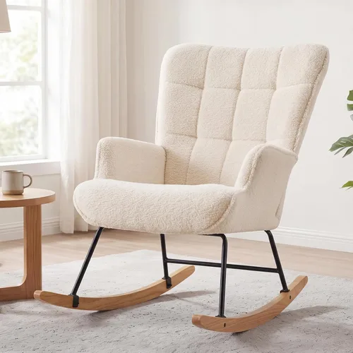 Vista 10 de Furniliving Silla mecedora para guardería, base de madera maciza de tela de Gris