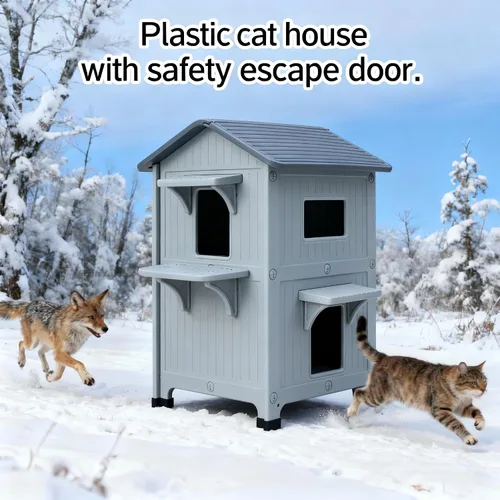 Vista 7 de Casa para gatos climatizada resistente a la intemperie para gatos ferales, refugio elevado de plástico aislado de 2 pisos con puerta de escape, Gris