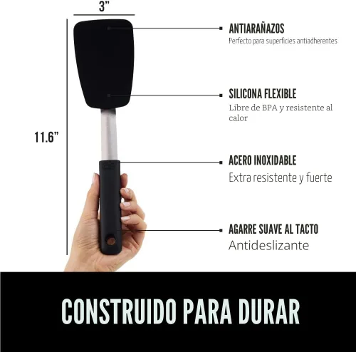 Vista 2 de GORILLA GRIP Espátula de silicona flexible de grado alimenticio, cabezal resistente al calor para sartén antiadherente, mango de goma suave
