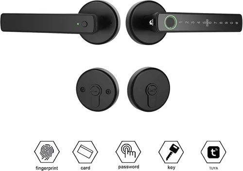 Vista 2 de Juego de cerradura inteligente para puerta, huella digital, código de acceso, tarjetas, control de aplicación, cerrojo de entrada sin llave con asa