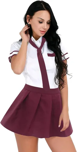 Vista 4 de YOOJIA Uniforme para mujer, disfraz de cosplay de manga corta, camisa de corbata con falda a cuadros, conjuntos de 3 piezas