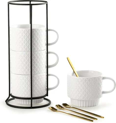 Vista 10 de Gomakren - Juego de 4 tazas de café apilables de 13 onzas con soporte, color negro