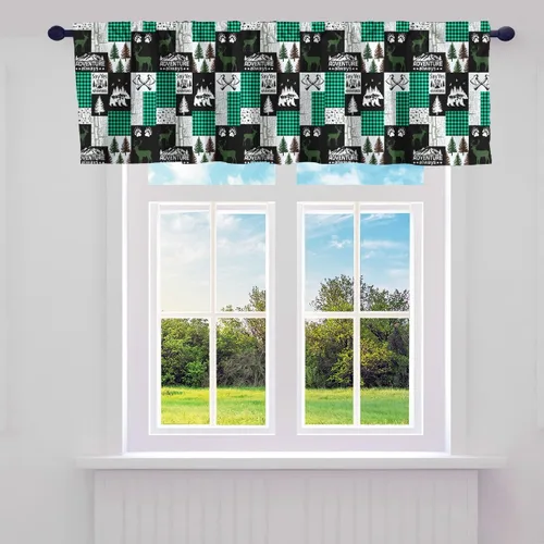 Vista 13 de Cortinas de cenefa de cabaña estilo retro, color negro y rojo, rayas de madera, cenefas de ventana para niños, adolescentes y adultos, oso salvaje