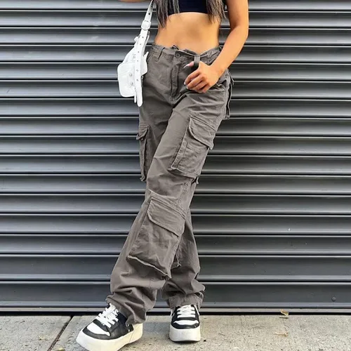 Vista 2 de Pantalones cargo de tiro bajo para mujer, pantalones de paracaídas holgados Y2K, ropa de calle, pantalones sueltos de cintura alta, pantalones