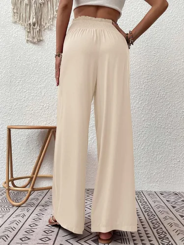 Vista 3 de Febriajuce Pantalones de cintura alta y pierna ancha para mujer, cintura elástica fruncida, pantalones holgados con bolsillos