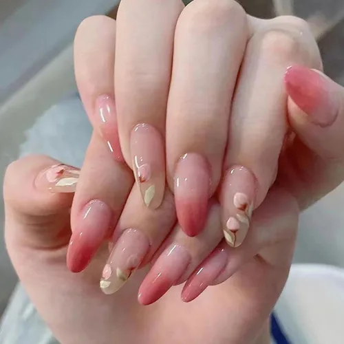 Vista 17 de RikView uñas postizas blancas en forma de almendra de longitud media, uñas adhesivas naturales, uñas en relieve con diseño de margarita