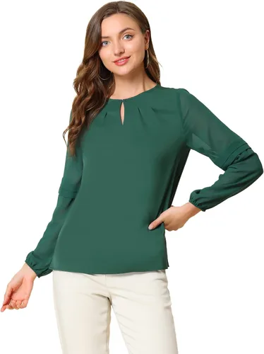 Vista 2 de Allegra K Blusa elegante de gasa para mujer, de manga larga, con cuello de ojo de cerradura