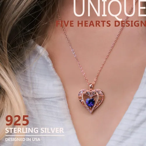 Vista 14 de Collar de cristal de 5 corazones, chapado en oro rosa de 18 quilates, colgante con cadena de plata de ley 925 de 18 + 2 pulgadas, joyería de piedra