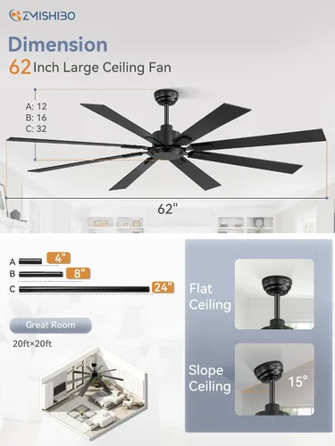 Vista 6 de Ventilador de techo de 62 pulgadas sin luz con control remoto, 8 aspas de motor CC reversible silencioso, 6 velocidades, temporizador, acabado Negro