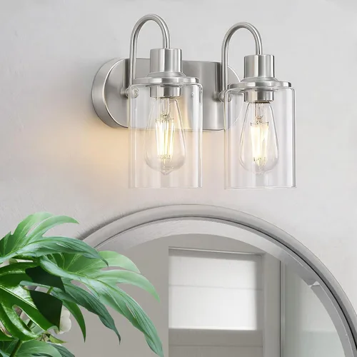 Vista 8 de Lámpara de baño negra mate sobre espejo, lámpara de tocador de baño de 2 luces con pantalla de vidrio transparente, apliques de pared modernos