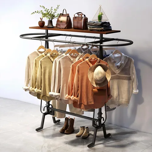 Vista 5 de Perchero redondo para ropa, estante de ropa comercial de pie, perchero ovalado de hierro para colgar ropa, para dormitorios, exhibición de Negro