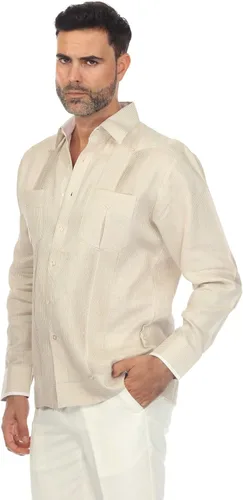 Vista 4 de Mojito - Guayabera de manga larga para hombre, 100% lino, panel de contraste y pliegues tonales