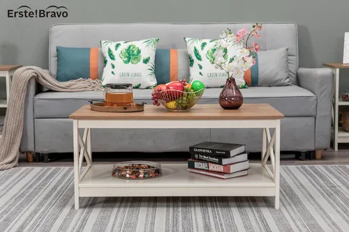 Vista 4 de Mesa de centro de granja con almacenamiento, mesa central cuadrada moderna con estante para sala de estar, mesa de cóctel de aspecto de madera