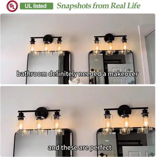 Vista 2 de Zarbitta 3-Light Bathroom Light Fixtures, 17.23" Black Modern Vanity Lights with Clear Glass Shade, Bathroom Wall Lamp for Mirror Kitchen Living