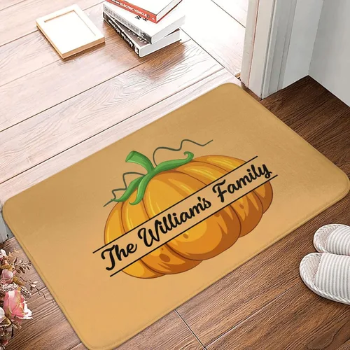Vista 2 de SLML Tapete personalizado de calabaza Tapete con nombre personalizado, tapete de calabaza naranja para puerta delantera, hogar, cocina, decoración