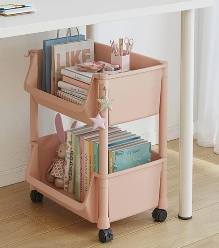 Vista 4 de Carrito de almacenamiento multiusos de 2 niveles, carrito multifuncional con ganchos, organizador de carrito con ruedas ajustable, carrito