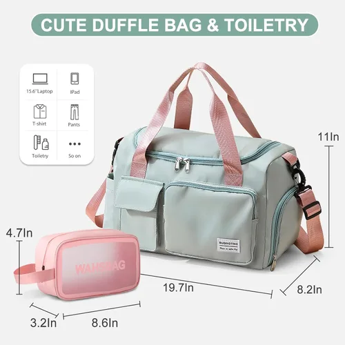 Vista 3 de Bolsa de Gimnasio Pequeña para Mujer, Bolsa de Lona de Viaje, Bolsa de Fin de Semana con Compartimento para Zapatos