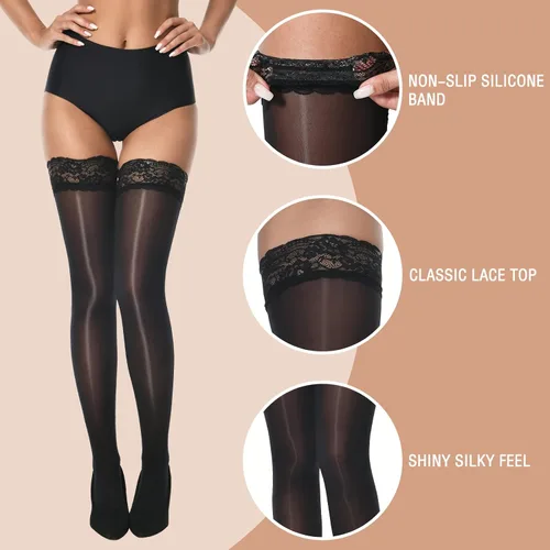 Vista 5 de MANZI Medias altas hasta el muslo brillantes con encaje sexy que se mantienen en pie, medias transparentes y sedosas para mujer, paquete de 2 pares