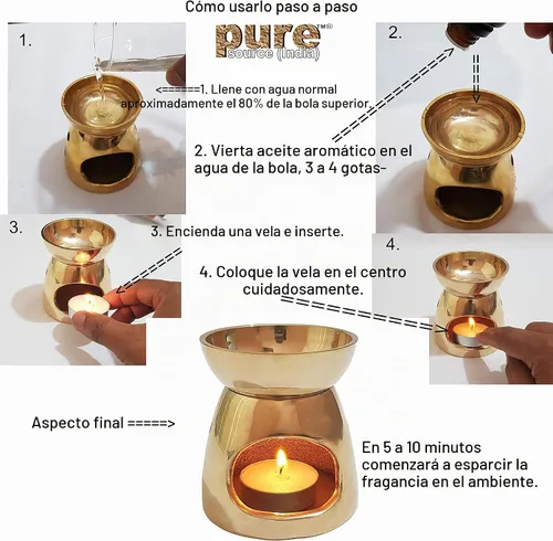 Vista 7 de Pure Source India Quemador de latón Quemador de aceite esencial con vela para aceites difusores Relájate con aromaterapia en casa, para aliviar