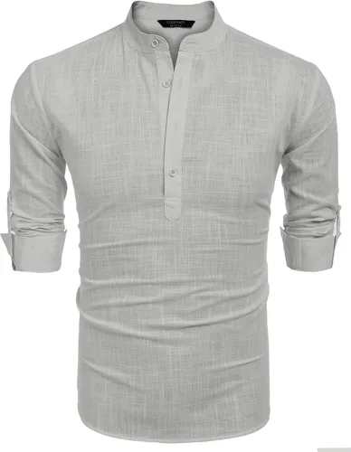 Vista 7 de COOFANDY - Camisa de lino y algodón con cuello Henley, de manga larga, estilo hippie, informal, camisetas de playa