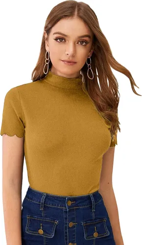 Vista 22 de SweatyRocks - Camiseta de manga corta con cuello alto, canalé y bordes envoltorio para mujer Beige