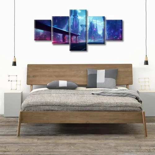 Vista 355 de Cuadros de 5 paneles de Cyberpunk City, arte de pared, representación de vallas publicitarias, edificios modernos en la capital con obras de arte