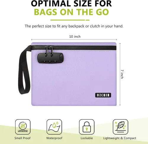 Vista 10 de OZCHIN Bolsa a prueba de olores con cerradura de combinación de 10 x 7 pulgadas, bolsa de bloqueo de piel sintética impermeable con cerradura, gran