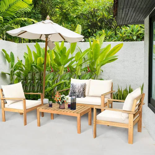 Vista 12 de COSTWAY Juego de 4 sofás de madera de acacia para exteriores, juego de sofá de conversación al aire libre con mesa y cojines, sillas de porche