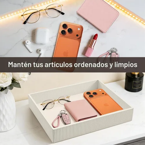 Vista 3 de SITHON Bandeja de valet organizador de escritorio de cuero PU Catchall Rayas Blanco Perla