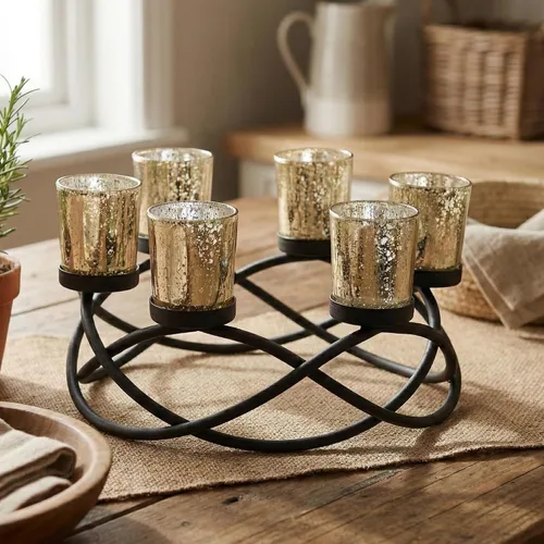 Vista 17 de Portavelas de Halloween Decoración de Centro de Mesa – Portavelas de Hierro Metal Negro de 6 Copas para Velas Votivas y de Té para Mesa Espeluznante