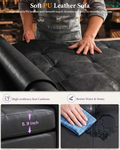 Vista 6 de Sofá seccional de cuero sintético negro, juego de sofá de 3 piezas para TYBOATLE Sofá modular convertible de cuero, cómodo mueble de 3 piezas