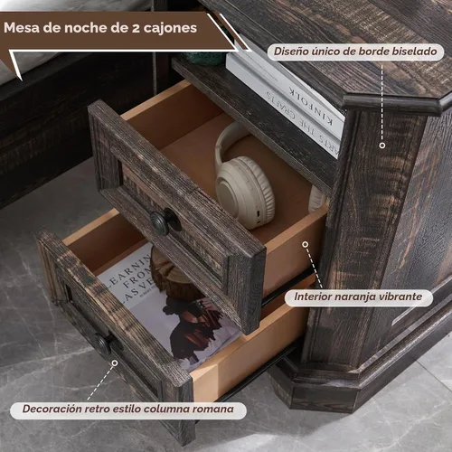 Vista 4 de T4TREAM - Mesa de noche rústica con estación de carga, mesa auxiliar de madera de 18 pulgadas con 2 cajones, para dormitorio y sala de estar
