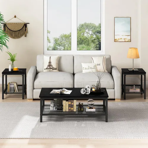 Vista 4 de Conjunto de 3 mesas de café AWQM, mesa de café industrial con 2 mesas auxiliares cuadradas, conjunto de mesas modernas para sala de estar