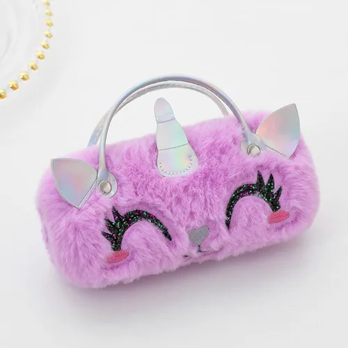 Vista 2 de BOLLEY JOSS Estuche para lentes de sol para niñas y niños con asa, lindo unicornio para gafas de sol, teñido anudado, felpa esponjosa, carcasa